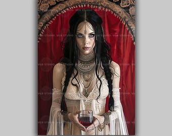 Kunstdruck der griechischen Göttin Circe, Zauberin mit einem purpurroten Trank, Boho-Hexe, dunkles, feminines Dekor L23