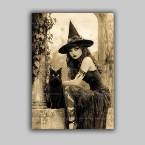 Lámina artística de bruja, retrato de gato negro, arte mural gótico vintage, decoración de bruja estilo academia oscura u26 imagen 1