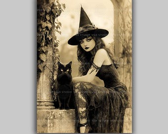 Witch Art Print, Black Cat Portrait, Vintage Gothic Wall Art, Dark Academia Witchy Decor u26