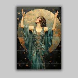 アールデコ調の月を持つ女性のアートプリント｜天上の女神の壁飾り｜1920年代ヴィンテージグラマースターズティールゴールドフラッパージャズエイジファッション｜H93 画像 1