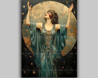 Art Deco Woman with Moon Art Print | Celestial Goddess Wall Decor | 1920s Vintage Glamour Stars Teal Gold Flapper Jazz Age Fashion | H93