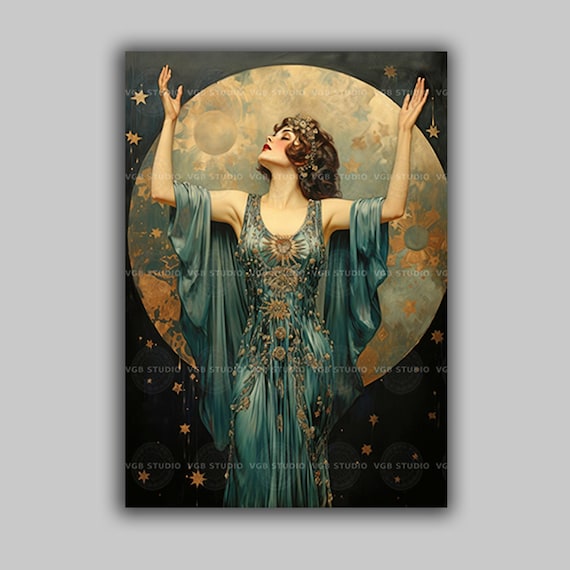 Art Deco Woman with Moon Art Print | Celestial Goddess Wall Decor | 1920s Vintage Glamour Stars Teal Gold Flapper Jazz Age Fashion | H93