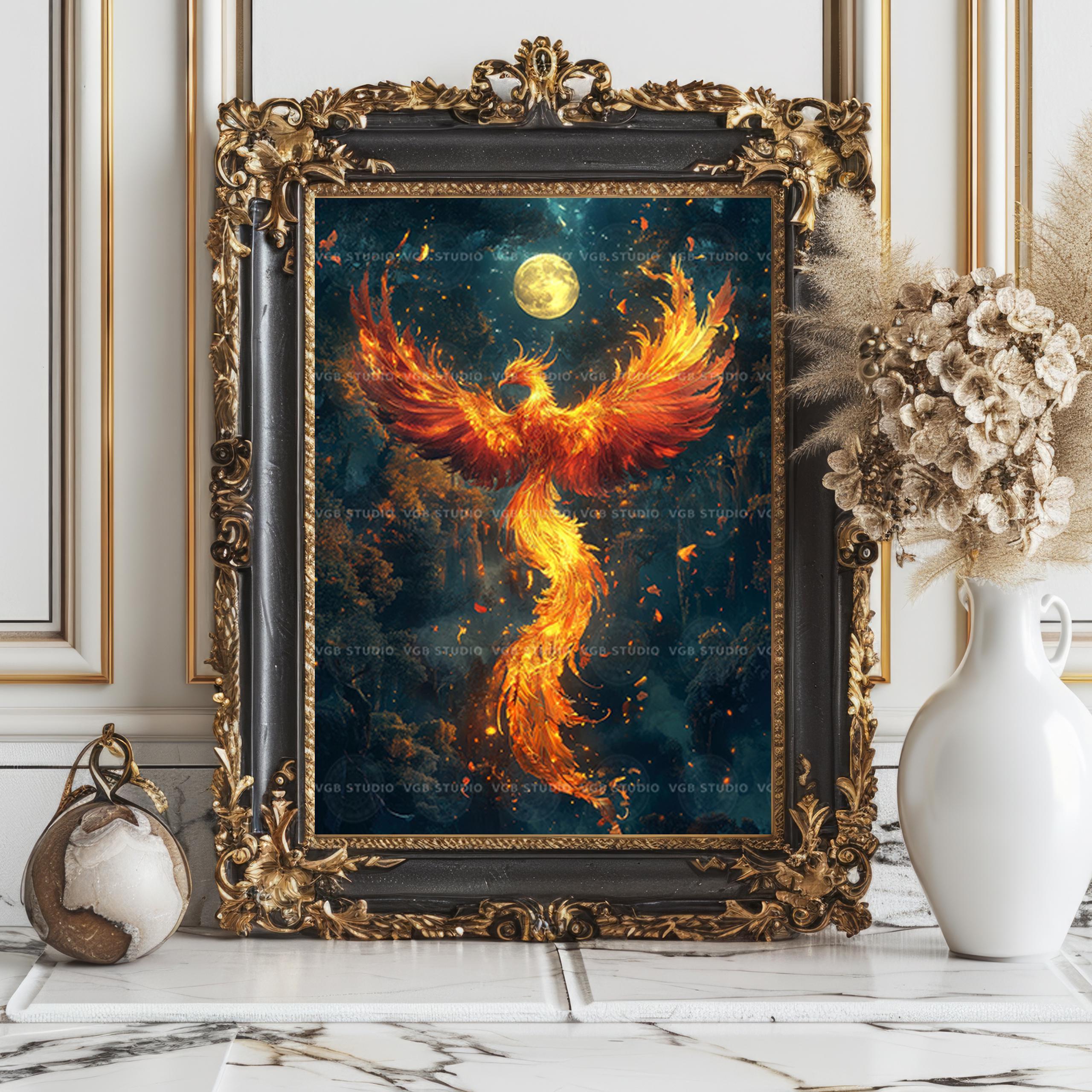 Phoenix Art Print, Firebird Rising Over a Moonlit Autumn Forest
