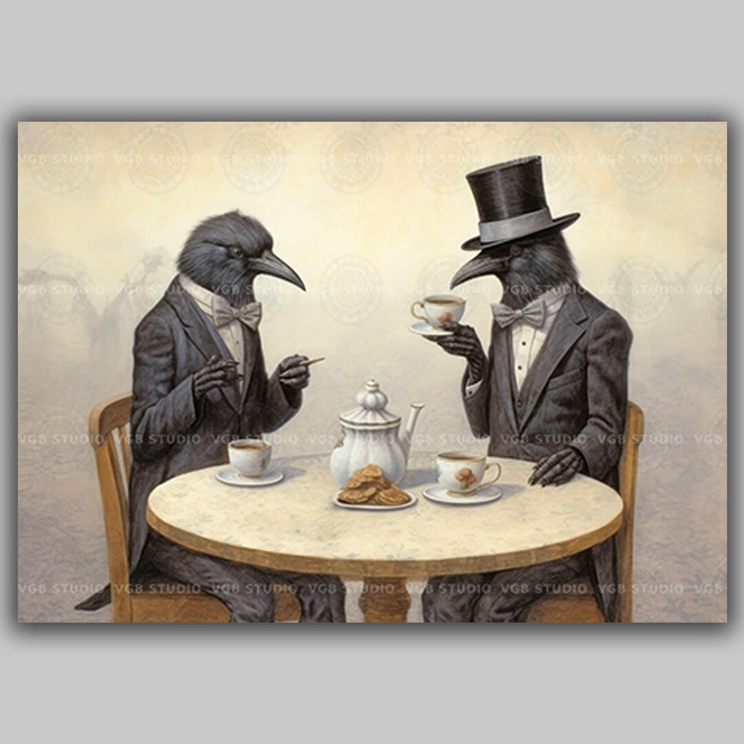 Crow Tea Time Art Print | Two Victorian Raven Gentlemen Having Tea and ...