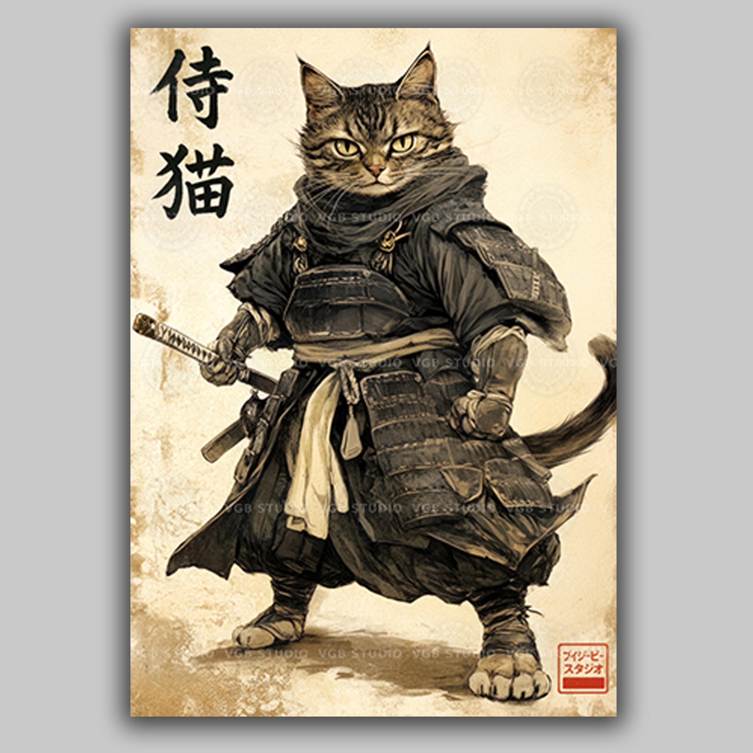 Samurai Cat Art Print Japanese Warrior Cat Wall Decor Katana Cat Illustration Bushido Animal Art Traditional Ink Style Whimsical Home AJ31