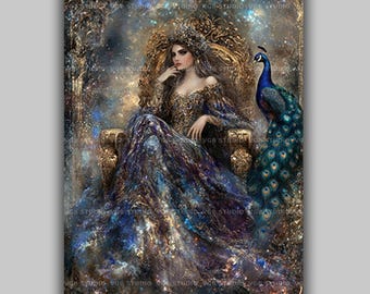 Hera Griekse godin Art Print koningin van Olympus met pauw fantasie mythologie muur kunst goddelijke vrouwelijke schilderij oude godin decor AB81