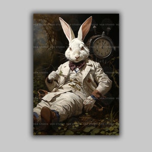 White Rabbit Wall Art Victorian Bunny with Pocket Watch Fantasy Woodland Print Whimsical Animal Portrait Surreal Alice Inspired Decor h84