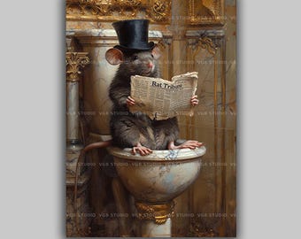 Mouse Rat Gentleman Reading Newspaper on Royal Toilet Whimsical Fine Art Giclee Baroque Painting Wall Art Poster Watercolor L31