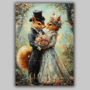 Eichhörnchen Kunstdruck, Braut Bräutigam Viktorianischer Kunstdruck, Brautpaar Dekor, wunderliches Geschenk, Cottagecore AA72