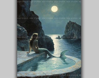 Moonlit Mermaid Wall Art Print Ocean Siren Fantasy Seascape Full Moon Coastal Mythology Poster Romantic Sea Nymph Artwork Nautical Decor y35
