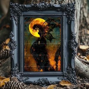 Gothic Fairy Art Print, Victorian Fae in Black Lace Under Harvest Moon, Church Spire and Copper Butterflies, Whimsigoth Halloween Decor q94 image 7