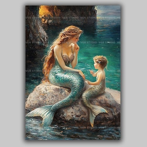 Mermaid Mother Child Art Print Ocean Fantasy Decor Sea Family Painting Whimsical Wall Poster Storybook Illustration Coastal Home Beach AC15 image 1