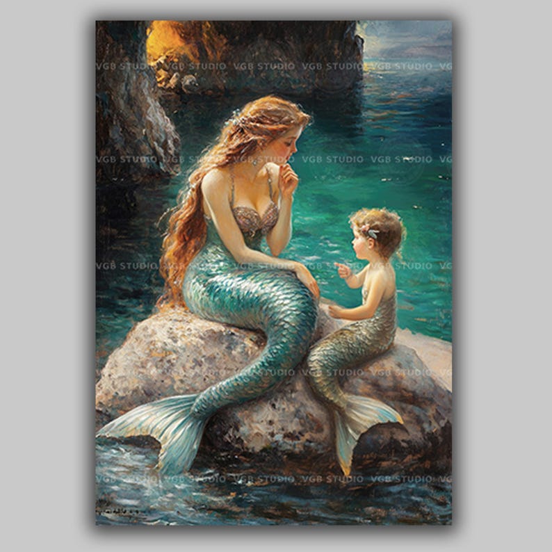 Mermaid Mother Child Art Print Ocean Fantasy Decor Sea Family Painting Whimsical Wall Poster Storybook Illustration Coastal Home Beach AC15 image 1