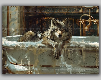 Wolf Bath Victorian Bathtub, Canine Bathroom Whimsical Fine Art Print, Wild Animal Bubble Bath Baroque Painting Wall Art P11
