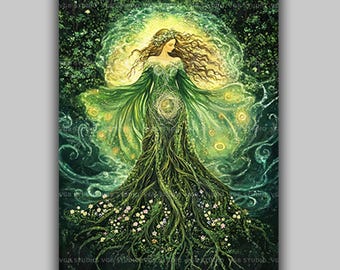 May include: A vibrant painting depicts a woman with long flowing hair and a green dress made of roots and leaves. The artwork features a halo of light and a forest background, with a serene and mystical atmosphere.