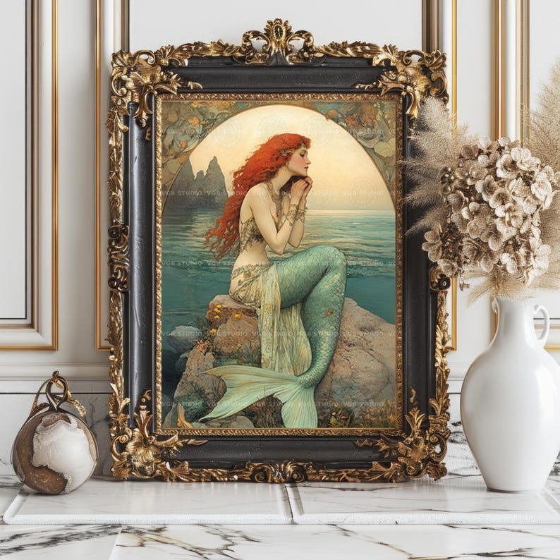 Art Nouveau Mermaid Ocean Wall Art Print, Vintage Mermaid Illustration ...