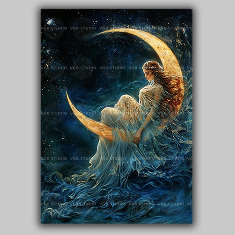 Selene maan godin Wall Art Print wassende maan hemelse decor Griekse mythologie poster goddelijke vrouwelijke spirituele kunst Dark Academia Lunar 23 afbeelding 1
