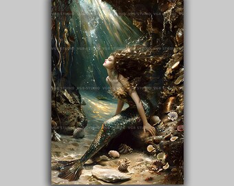 Mermaid Wall Art Print, Under the Sea, Water Nymph, Ocean Magic, Coastal Aesthetic, Mythical Creature, Aquatic Bathroom Fantasy Gifts S70