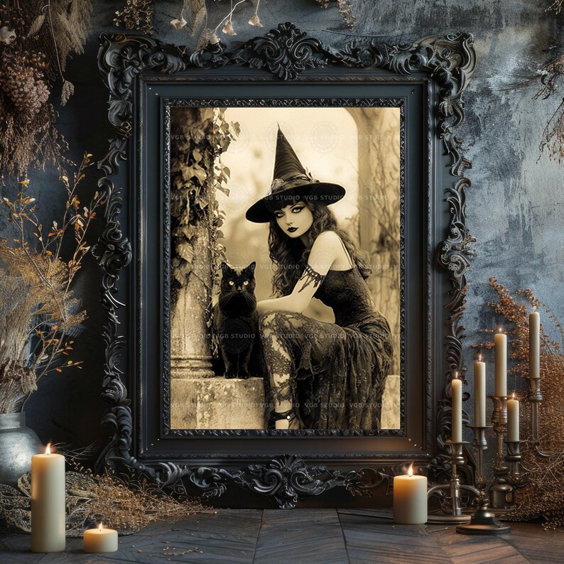 Lámina artística de bruja, retrato de gato negro, arte mural gótico vintage, decoración de bruja estilo academia oscura u26 imagen 8