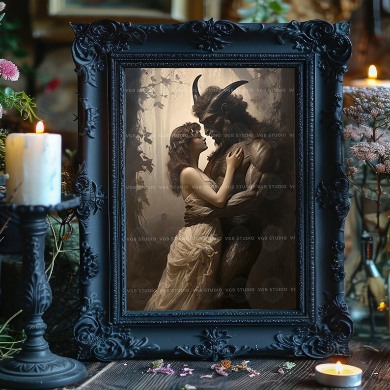 Gothic Monster Romance Wall Art Print, Horned Beast And Woman Embrace, Dark Fantasy Lovers, Occult Fairy Tale, Beauty Beast Macabre E08 image 4