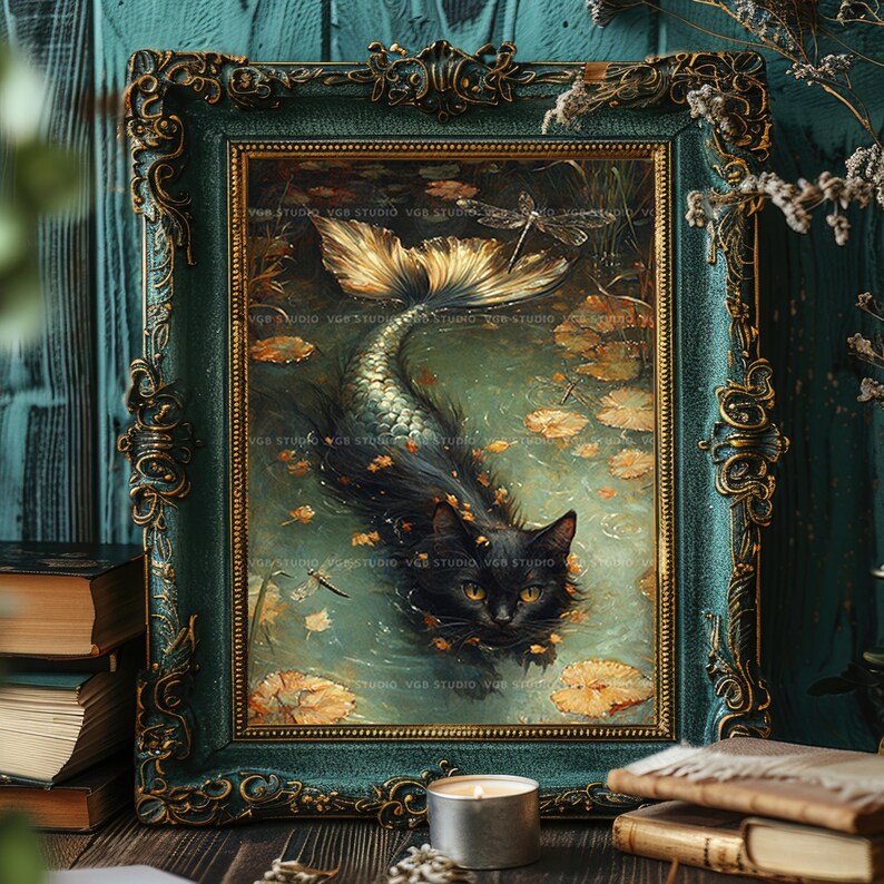 Mermaid Cat Fantasy Print Mystical Black Cat with Fish Tail in Enchanted Pond Dragonflies Autumn Leaves Cozy Cottagecore Animal Art AC63 image 2