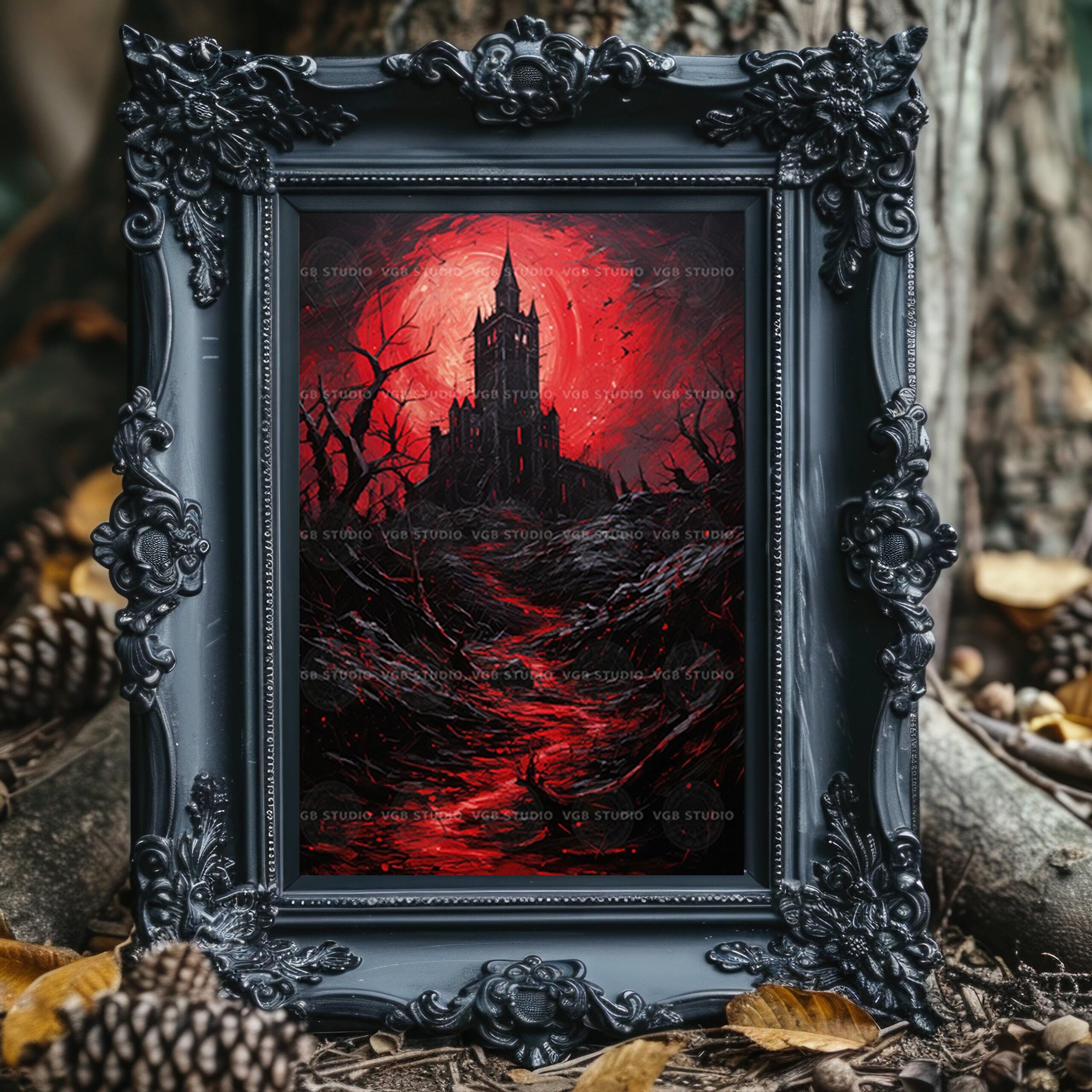 Gothic Haunted Castle Art Print Dark Fantasy Red Moon Landscape
