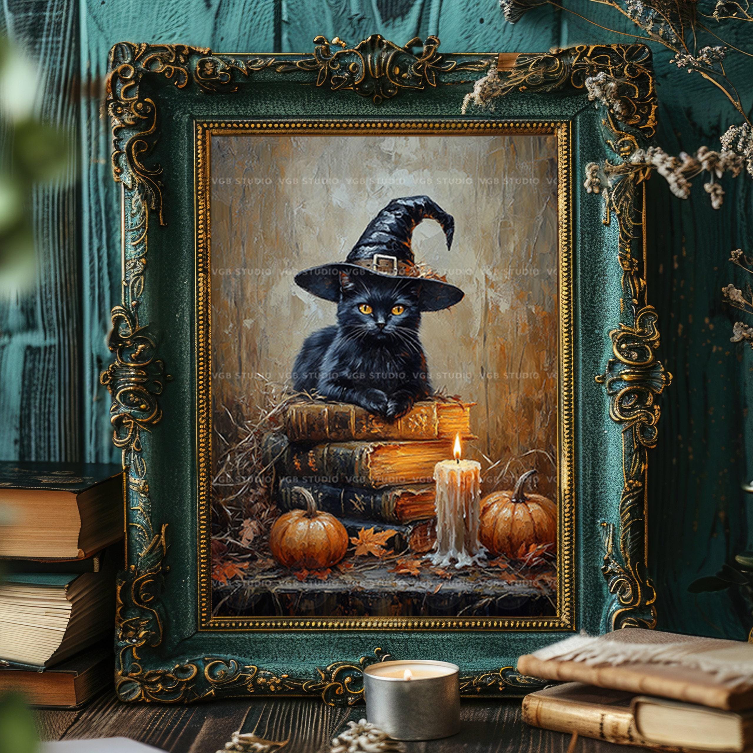Black Cat Witch Art Print Halloween Spell Books Candle Gothic Autumn ...