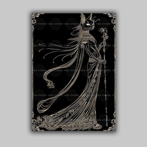 Bastet Gold Line Art Print, Egyptian Cat Goddess in a Deco Gown, Ancient Egypt Mythology Kemetic Altar Wall Decor q54 image 1