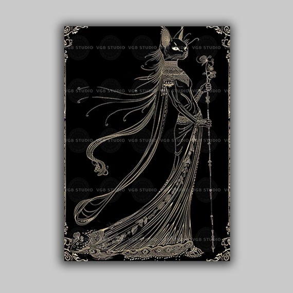 Bastet Gold Line Art Print, Egyptian Cat Goddess in a Deco Gown, Ancient Egypt Mythology Kemetic Altar Wall Decor q54
