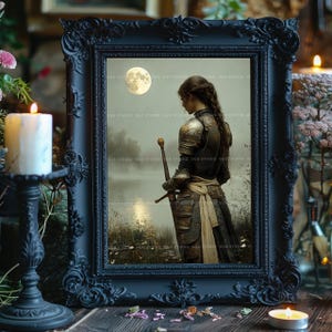Lady Knight Art Print Medieval Fantasy Woman Warrior Wall Decor Moonlight Sword Lake Arthurian Legend Romantic Armor Chivalry Heroine AH04 image 2