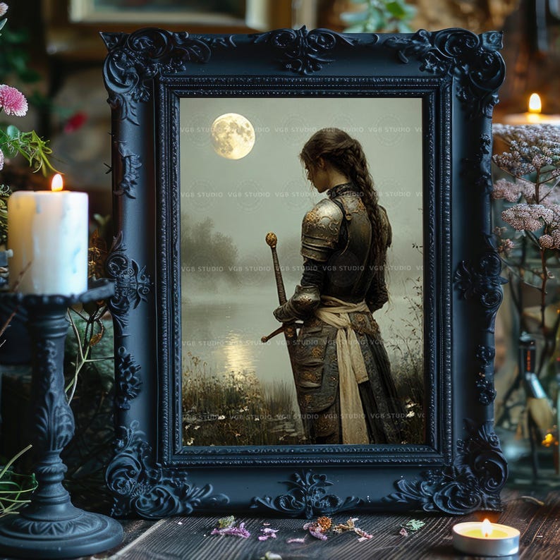 Lady Knight Art Print Medieval Fantasy Woman Warrior Wall Decor Moonlight Sword Lake Arthurian Legend Romantic Armor Chivalry Heroine AH04 image 2