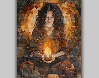 Hestia Greek Goddess Art Print, Sacred Hearth Flame Watercolor Mosaic, Home Blessing Housewarming Decor AN20