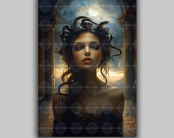 Medusa Art Print Griekse mythologie muur decor donkere vrouwelijke fantasie slang godin artwork mythologisch portret maanverlichte tempel scène M09