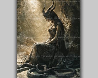 Lilith Wall Art Print, dunkle weibliche Schlangengöttin, Gothik Ockult Dekor gehörnte Dämon Königin Mythologie, Schlange Witchy Pagan Dark Academia z97