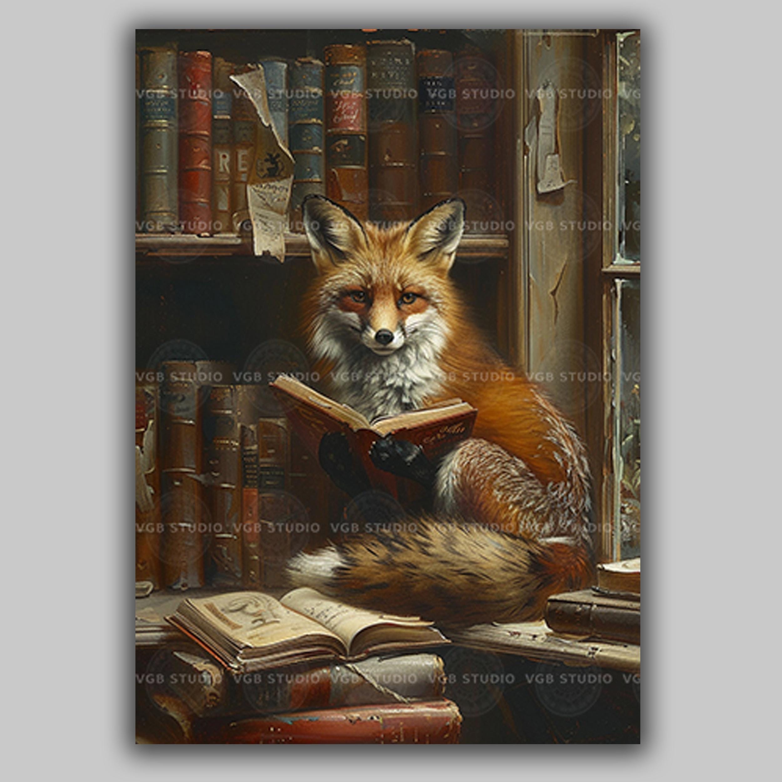 Fox Reading Book Wall Art Print, Vintage Library Animal Portrait