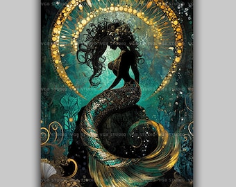 Art Nouveau Mermaid Print, Gold Mosaic Silhouette Poster, Teal Underwater Ocean Fantasy Wall Decor, Vintage Nautical Coastal Bathroom AE83