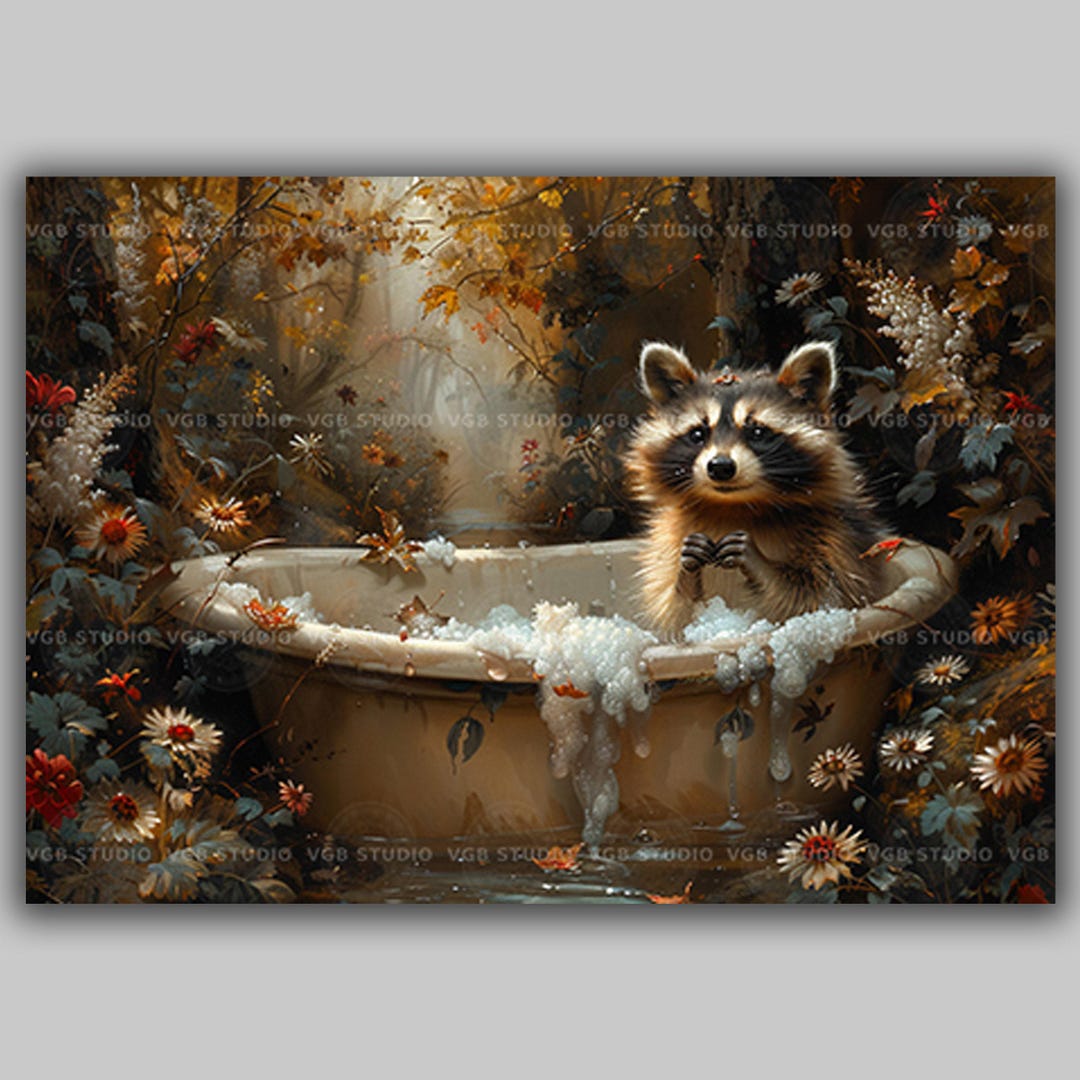 Whimsical Raccoon Art Print Cute Animal in Bathtub Woodland Fantasy ...