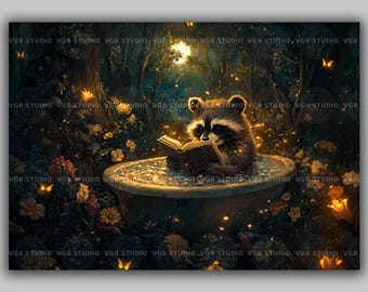 Lámina decorativa de mapache leyendo en la bañera, animal del bosque caprichoso, regalo para amantes de los libros, decoración divertida de estilo cottagecore para el baño, horizontal w62
