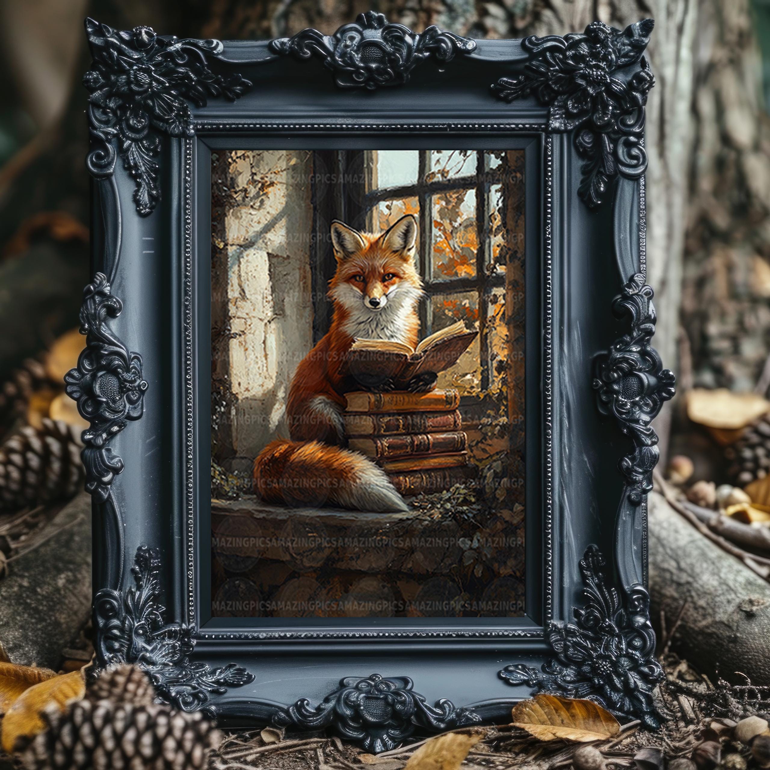 Fox Reading Books Art Print Autumn Library Fantasy Animal Scholar Cozy ...