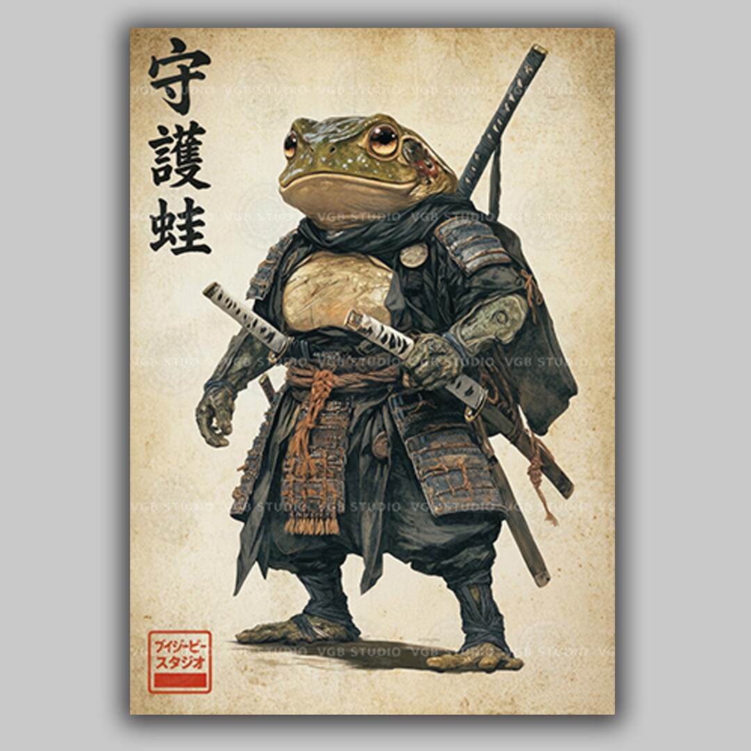 Samurai Frog Art Print Japanese Animal Decor Warrior Frog Illustration