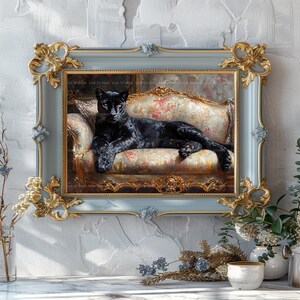 Schwarzer Panther Kunstdruck Viktorianischen Sofa Tierportrait Wunderlich Katze Dekor Galerie Wand Maximalist Katze Malerei Vintage Geschenk AH18 Bild 7