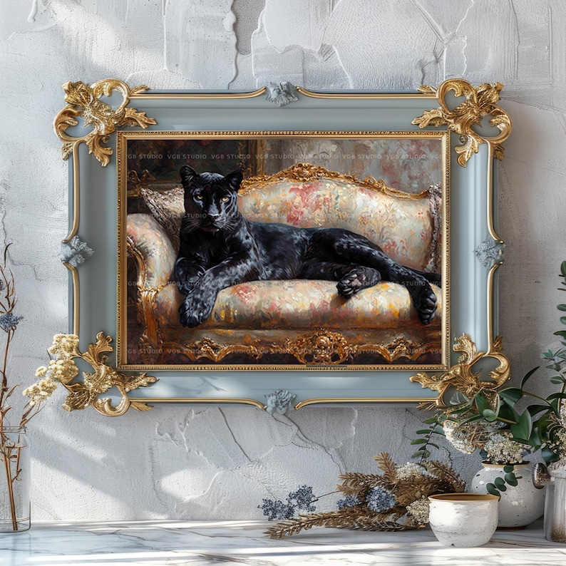 Schwarzer Panther Kunstdruck Viktorianischen Sofa Tierportrait Wunderlich Katze Dekor Galerie Wand Maximalist Katze Malerei Vintage Geschenk AH18 Bild 7