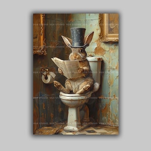 Rabbit Victorian Gentleman Hare Reading Newspaper on Toilet Whimsical Bunny Fine Art Print , Bathroom Giclee Baroque Painting Wall Art L47