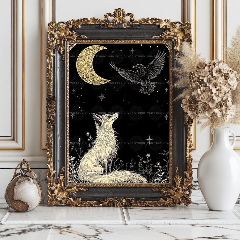 Fox and Raven Art Print Moon Night Mystical Animal Black Gold Decor Folklore Illustration Witchy Wall Art Celestial Stars Botanical Gift z39 image 7