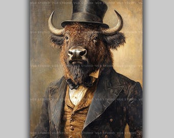 Bison Portrait Art Print Unframed Aristocratic Buffalo Smoking