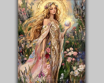 Ostara Goddess Art Print, Eostre with Egg in Flower Meadow, Art Nouveau Pagan Easter Wall Decor, Spring Equinox Gift AE47