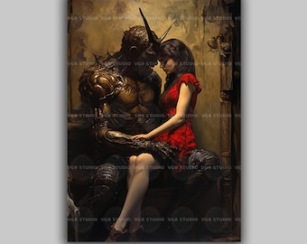 Dark Fantasy Dämon und Frau im roten Kleid Gothic Romanze Kunstdruck Fabelwesen und Mensch Liebe Malerei für Dark Aesthetic Decor D16
