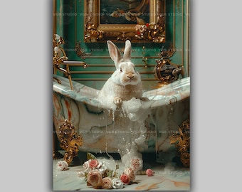 White Bunny Bath Wall Art Print Rabbit in Bathtub Bathroom Decor Cute Animal Nursery Picture Whimsical Cottagecore Victorian Easter Gift q82