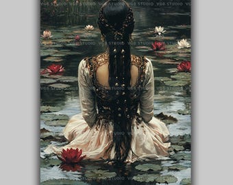 Ophelia Wall Art Print Shakespeare Hamlet Inspired Literary Pre-Raphaelite Woman by Water Lilies Dark Academia Gothic Romantic Portrait z85