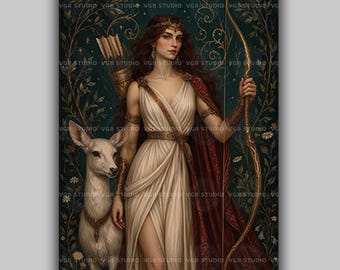 Artemis Art Print, Red Haired Greek Goddess of the Hunt with Her Fawn, Golden Bow and Crescent Crown, Woodland Mythology Decor AN28